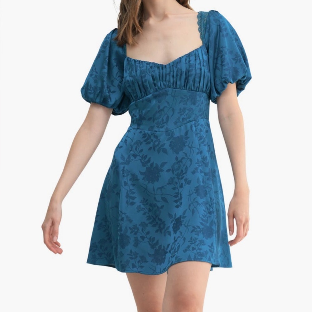 NEW All in Favor Blue Puff Sleeve A-Line Dress
